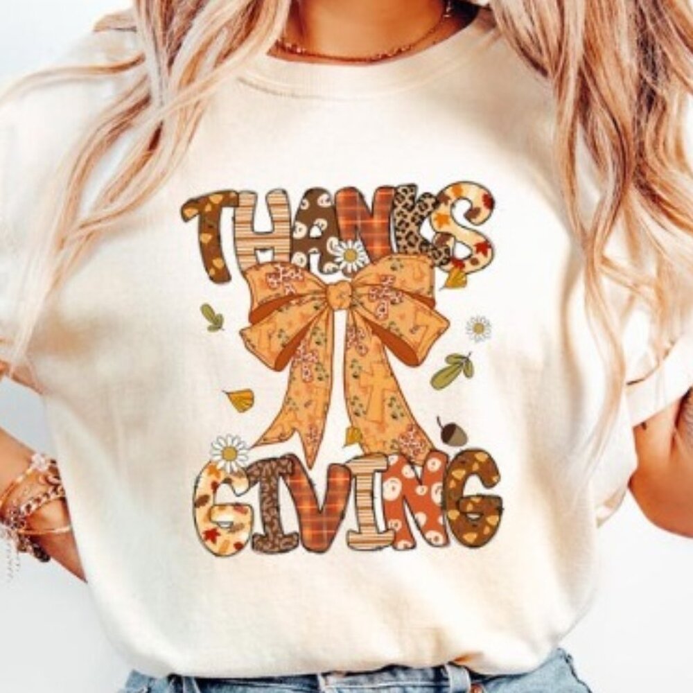 Autumn Thanksgiving Tee, Coquette Bow Thanksgiving T-shirt